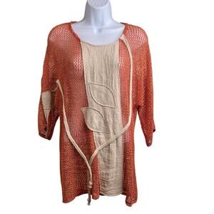 Vintage Jaskar Women's Orange Crochet Open Knit Tunic Top Size M 70’s Vibes
